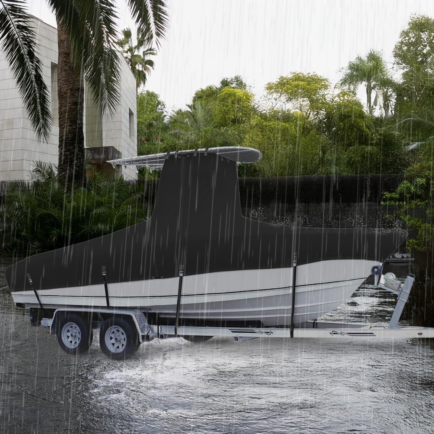 Marine Grade Waterproof Center Console Boat Cover with T Top Roof, Tear Resistant Trailerable Storage Covers, All-Weather Protection T-Top Boat Cover 26-28 ft, Beam Width Up to 116", Black