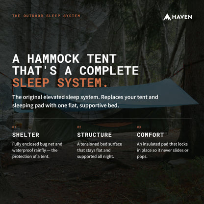 Haven Tent Original Lay-Flat Hammock Tent (Forest Green) – Comfortable Waterproof Camping Hammock with Mosquito Net – Includes Insulated Sleeping Pad & Rainfly