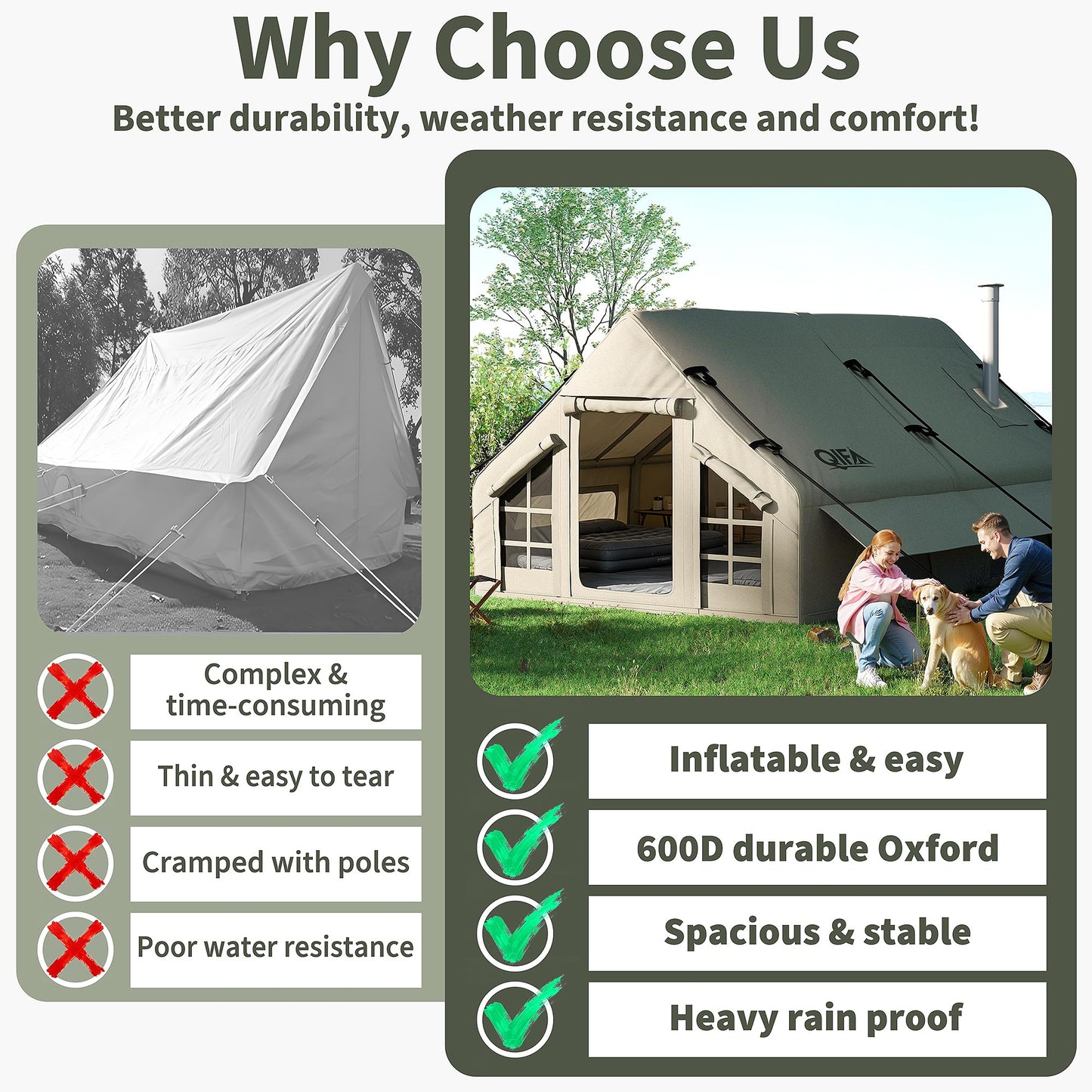 QIFA (129sq ft) 8-12 Person Large Luxury Inflatable Camping Tents with Stove Jack, Easy Setup Blow Up Tent with Hand Pump,Waterproof (Heavy-Duty) 600D Oxford Fabric for Adult 4 Seasons Khaki Green