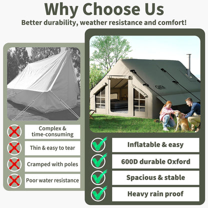 QIFA (129sq ft) 8-12 Person Large Luxury Inflatable Camping Tents with Stove Jack, Easy Setup Blow Up Tent with Hand Pump,Waterproof (Heavy-Duty) 600D Oxford Fabric for Adult 4 Seasons Khaki Green