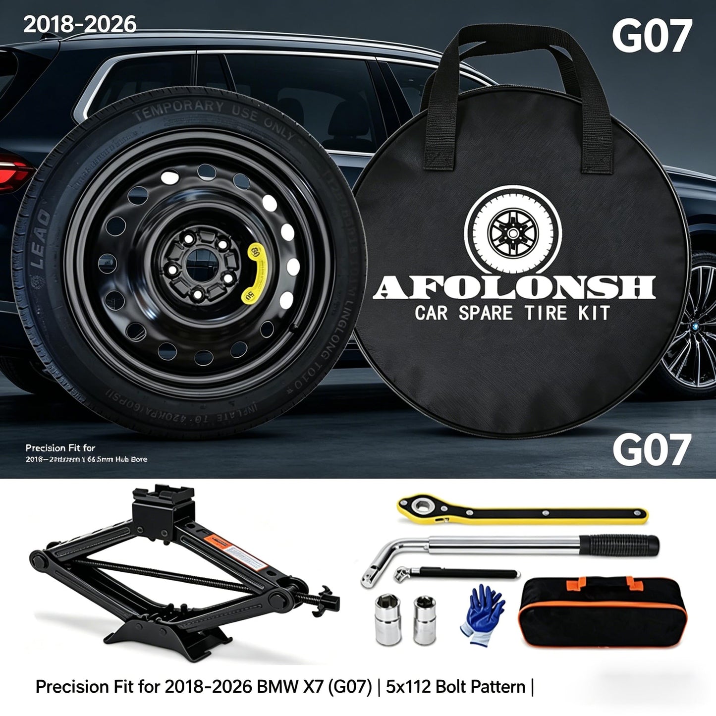 Spare Tire Kit Compatible with 2018-2026 BMW X7 (G07),155/80R19 Spare Wheel on 19x4 Rim | 28.7" Rolling Diameter | Includes Car Jack Kit & Tire Carrying Case (Except for M Sport, M Power models)