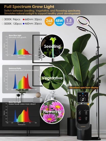 GLOWRIUM Grow Lights for Indoor Plants, Full Spectrum LED Grow Light, Stepless Dimming,3 Lighting Mode and Adjustable Height, Plant Light with 3/9/12/16H Timer (Black, 48W)