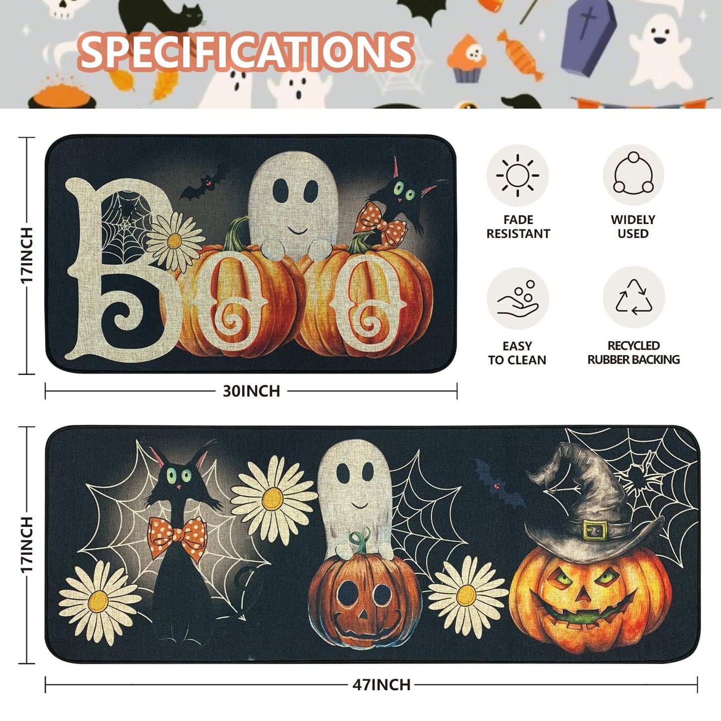 SHIYUE Halloween Kitchen Mat Set of 2, Ghost Pumpkin Boo Kitchen Rugs Farmhouse Modern, Non Skid Rubber Runner Decor Rugs（17x47in+17x30in） Black