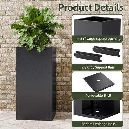 Diyfire Tall Metal Planters Box for Outdoor Plants - 23.6" Modern Steel Tall Square Planter with Removable Insert Shelf, Heavy Duty Pedestal Planter Front Porch Decor Patio Garden Office, Black