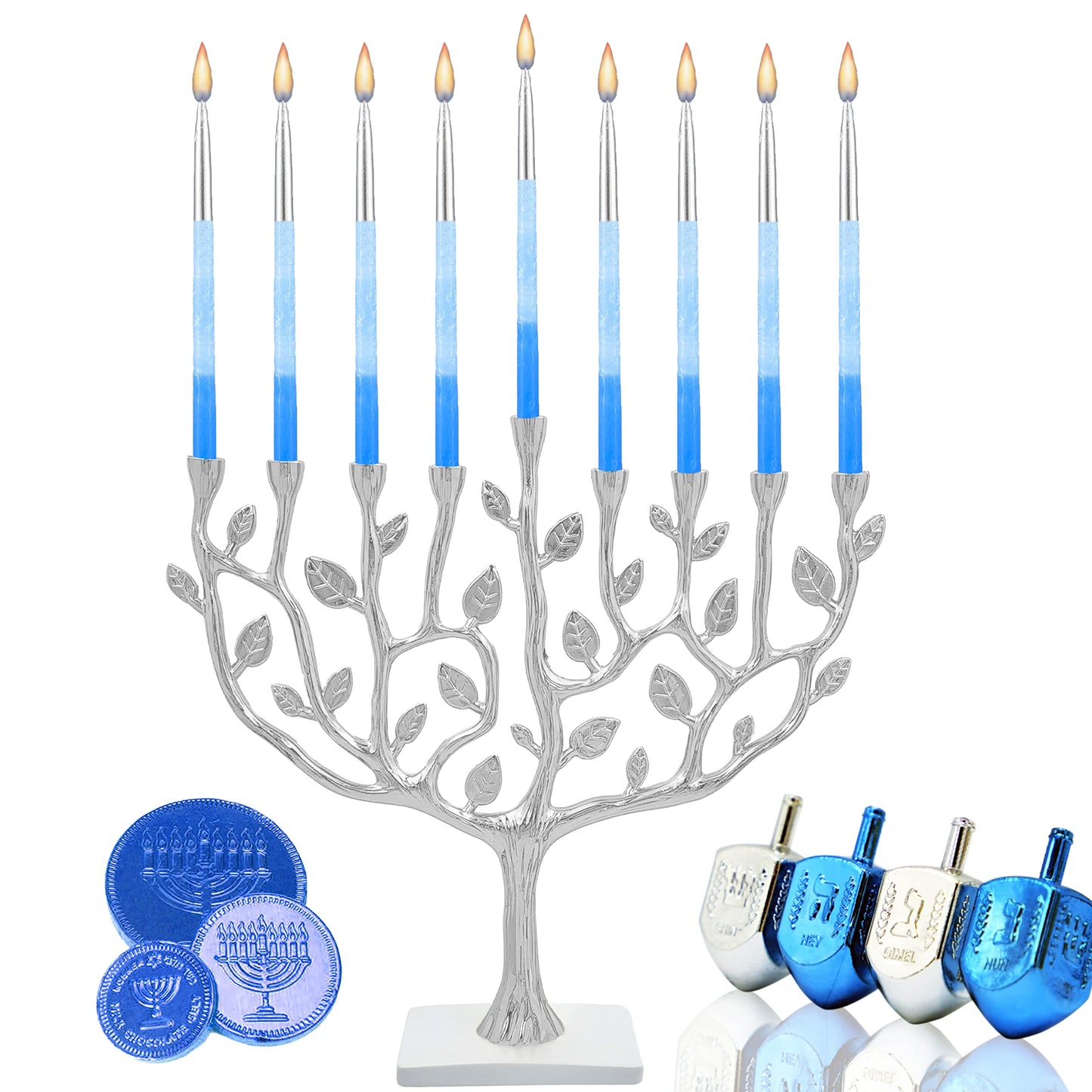 The Dreidel Company Deluxe Hanukkah Candles Metallic Silver with Blue Frost Hanukkah Frosted Premium Tapered Hand Decorated Chanuka Candles Set of 45. 1-Hour Burn Time