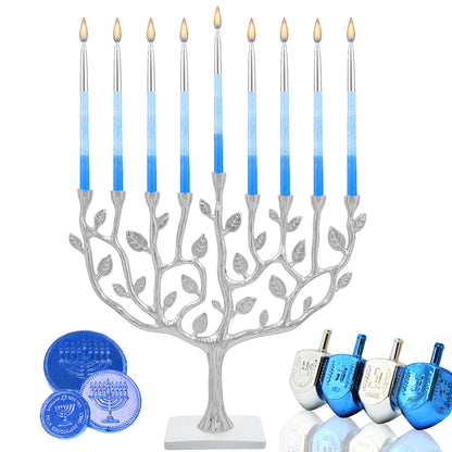 The Dreidel Company Deluxe Hanukkah Candles Metallic Silver with Blue Frost Hanukkah Frosted Premium Tapered Hand Decorated Chanuka Candles Set of 45. 1-Hour Burn Time