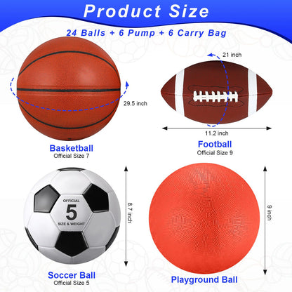 HyDren 36 Pcs Sports Balls Set for Teen Adult, Multi Sport Training Equipment with Official Size Basketball Soccer Ball Football Playground Ball with Pump and Carry Bag Back to School Sports Gift