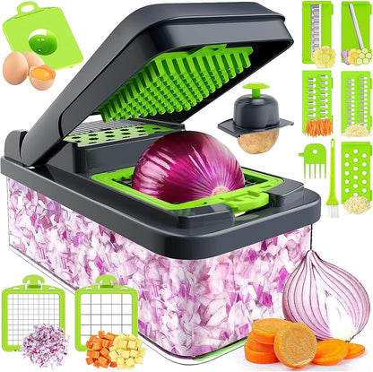 MealHelper 12-in-1 Vegetable Chopper - Versatile 7 Blade Food Chopper with Container | Green/Grey Kitchen Essential