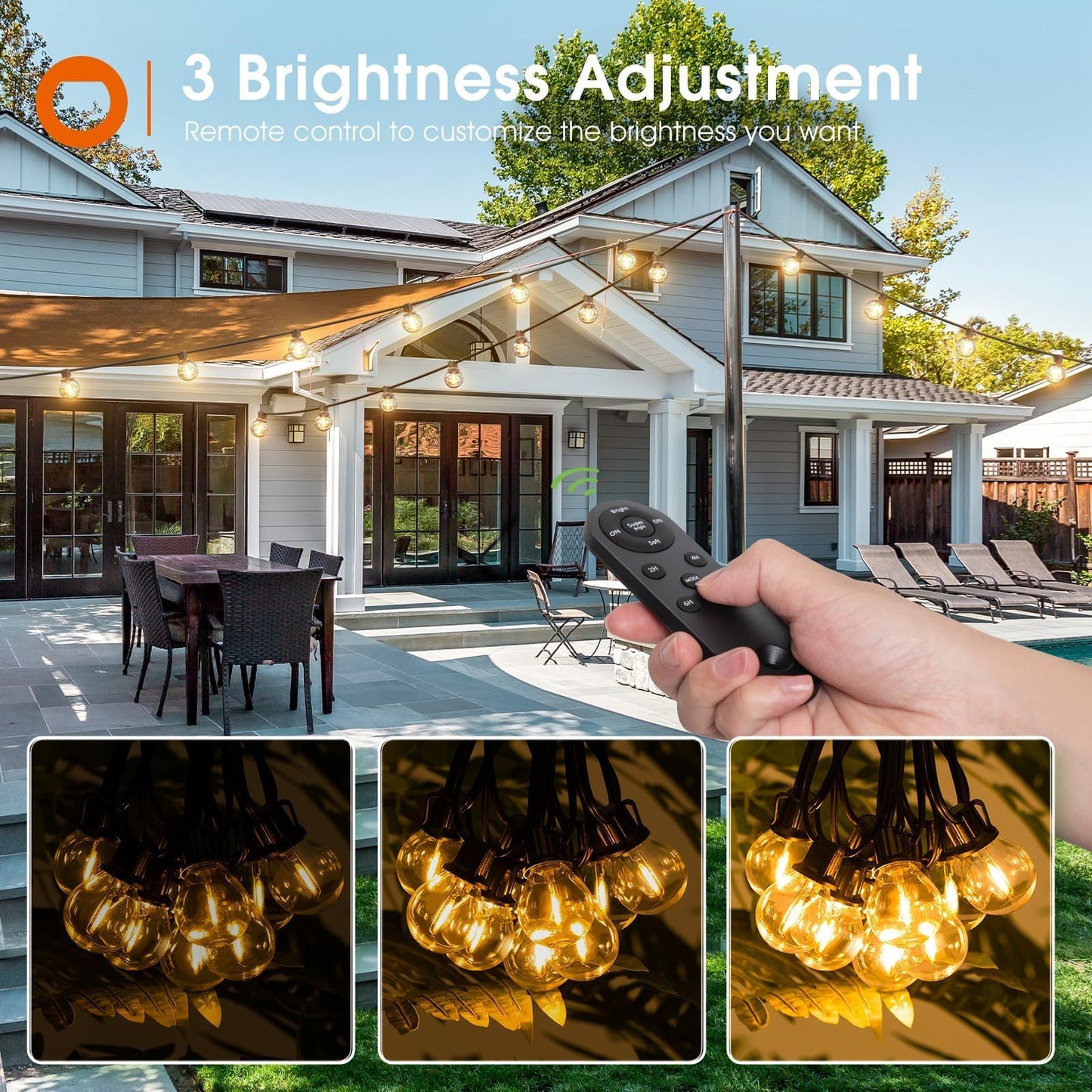 addlon 56FT(50+6) Solar String Lights Outdoor with Remote, 27 Shatterproof G40 Bulbs, Solar Powered & USB Charging Patio Lights & 20 Inch Outdoor Ceiling Fans with Lights for Patios