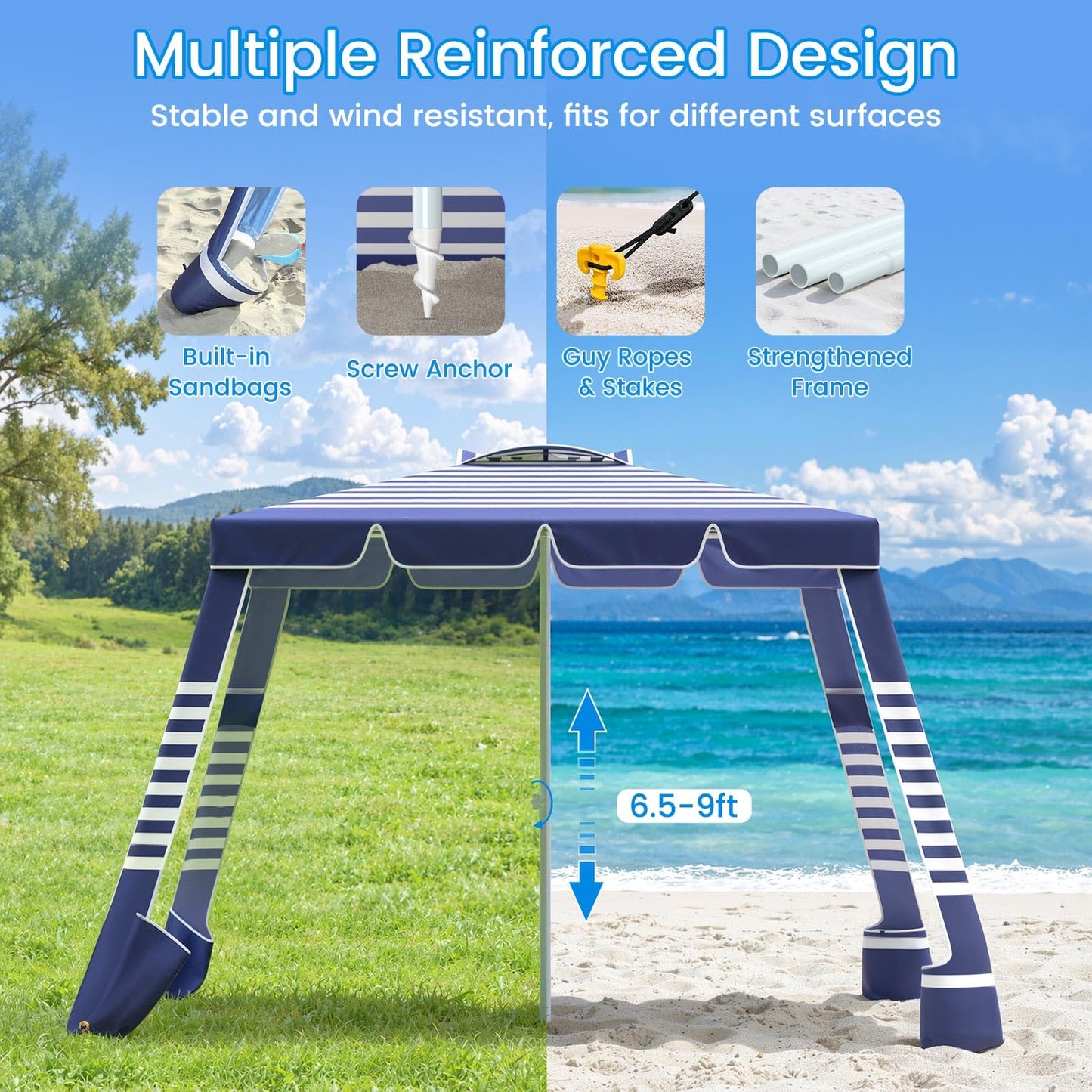 MoKo Beach Cabana,120 Sq. Ft. Large Beach Canopy Tent Sun Shade, UPF 50+ Protection Easy Setup Beach Tent, Adjustable Height Wind Resistant Cabana Sun Shelter for Whole Family, Navy Stripes