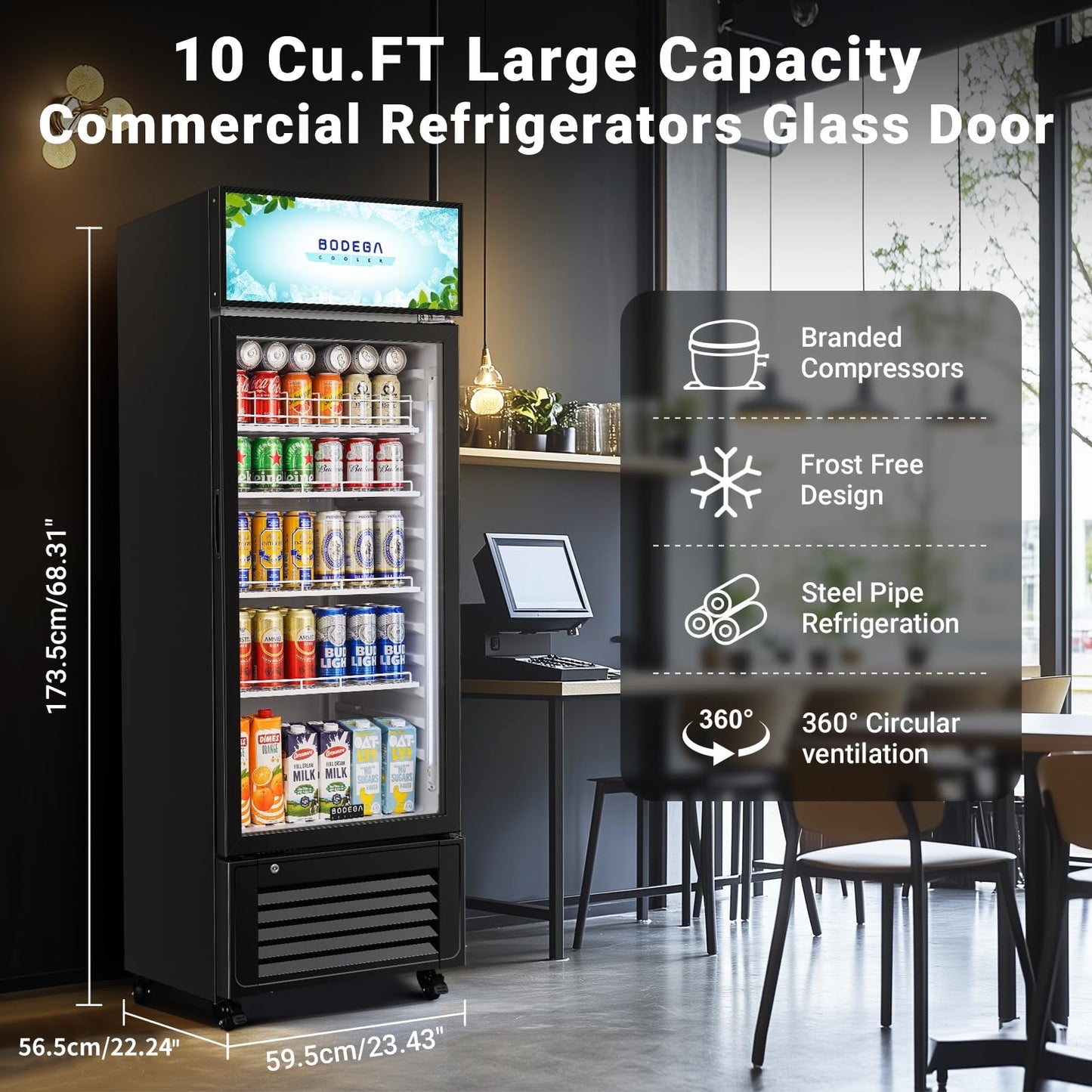 BODEGACOOLER Commercial Beverage Refrigerator and Cooler, 10.0 Cu.Ft Commercial Merchandiser Refrigerator with Soft LED Light, Commercial Fridge, Display Refrigerator with 240 cans & 120 bottles.