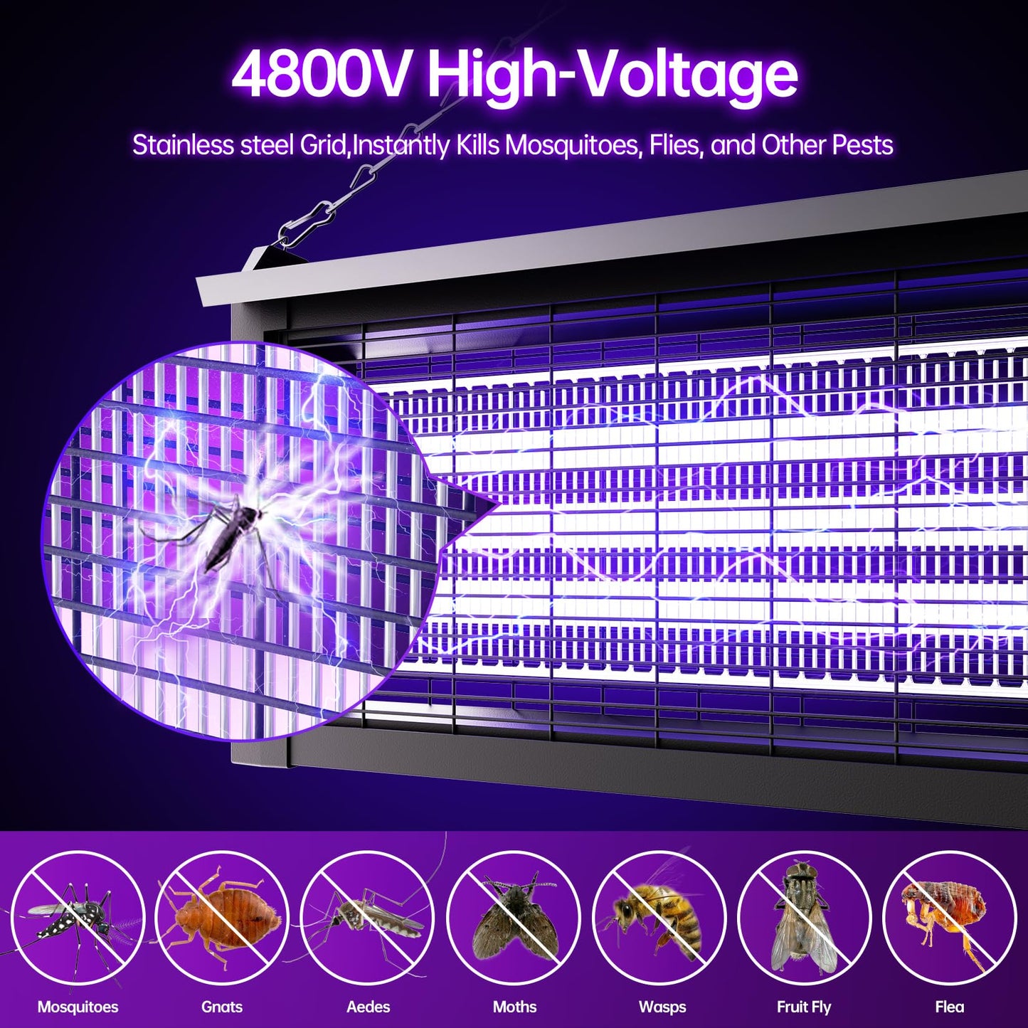4500V Solar Bug Zapper Outdoor, Mosquito Zapper with Extension Cord, Waterproof Electric Fly Zapper Indoor/Outdoor for Patio, Yard, Home, Garden, Camping
