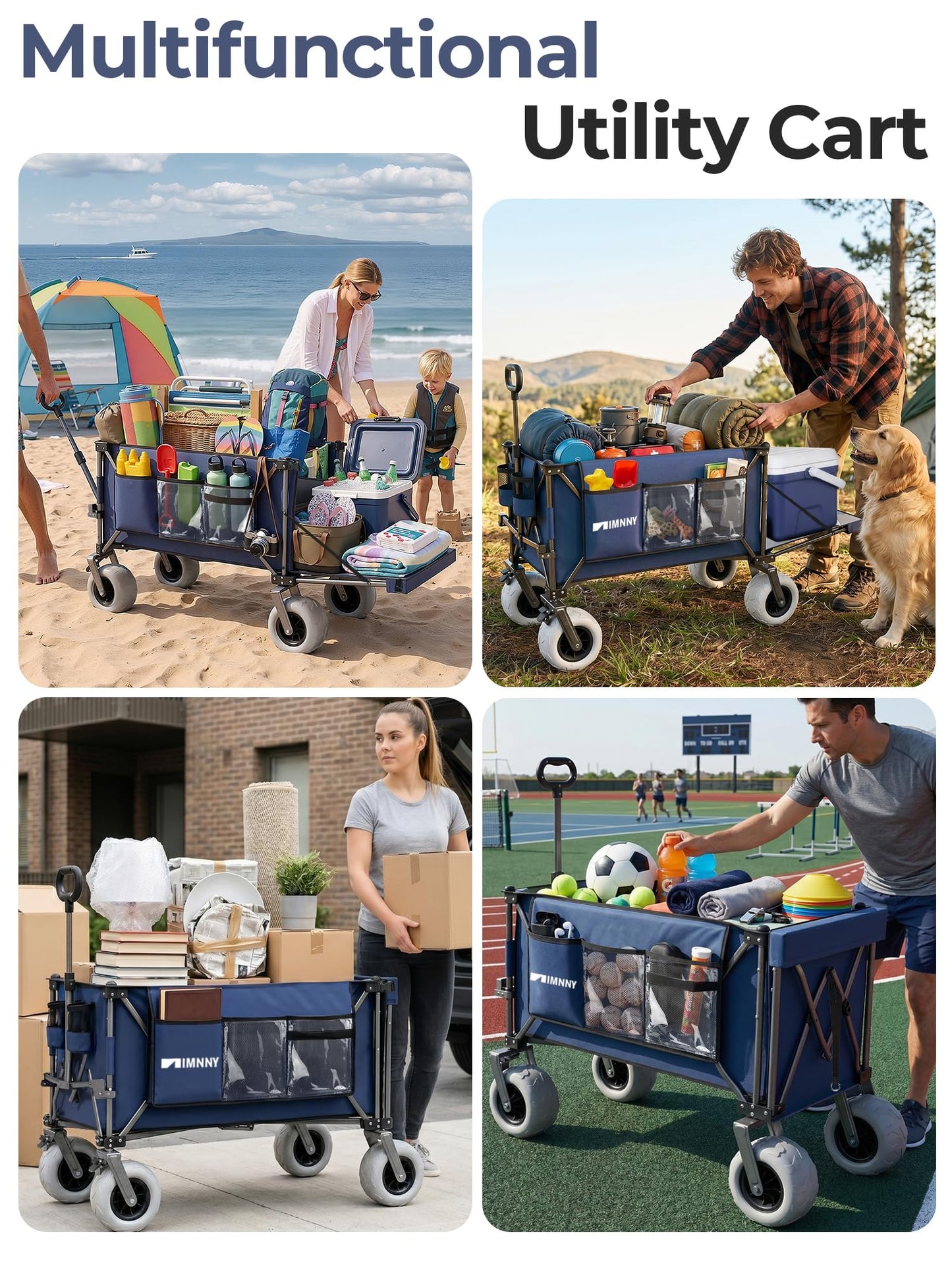 Aimnny Beach Wagon with Big Wheels for Sand, 9"x4" All-Terrain with Brakes, 300L Capacity Beach Cart with 55" Expandable Tailgate, Heavy Duty Collapsible Wagon for Camping Outdoor (Blue)