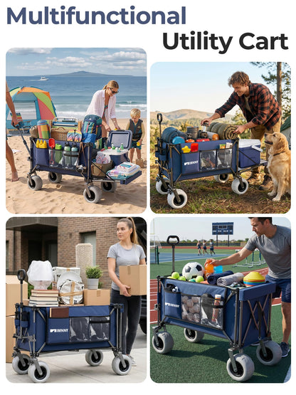 Aimnny Beach Wagon with Big Wheels for Sand, 9"x4" All-Terrain with Brakes, 300L Capacity Beach Cart with 55" Expandable Tailgate, Heavy Duty Collapsible Wagon for Camping Outdoor (Blue)