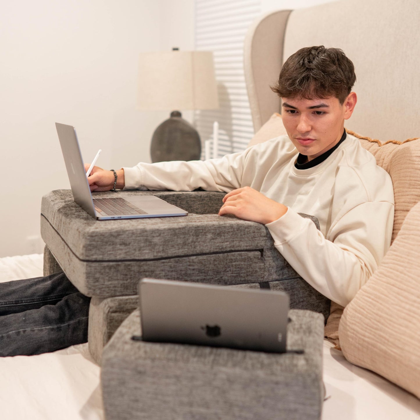 Adjustable Reading Pillow for Gaming, Work from Home, Laptop Pillow Desk with Cup & Phone Holder, Memory Foam Lap Desk Pillow for College Students, Extra Large Arm Rest Pillow for Working, Reading