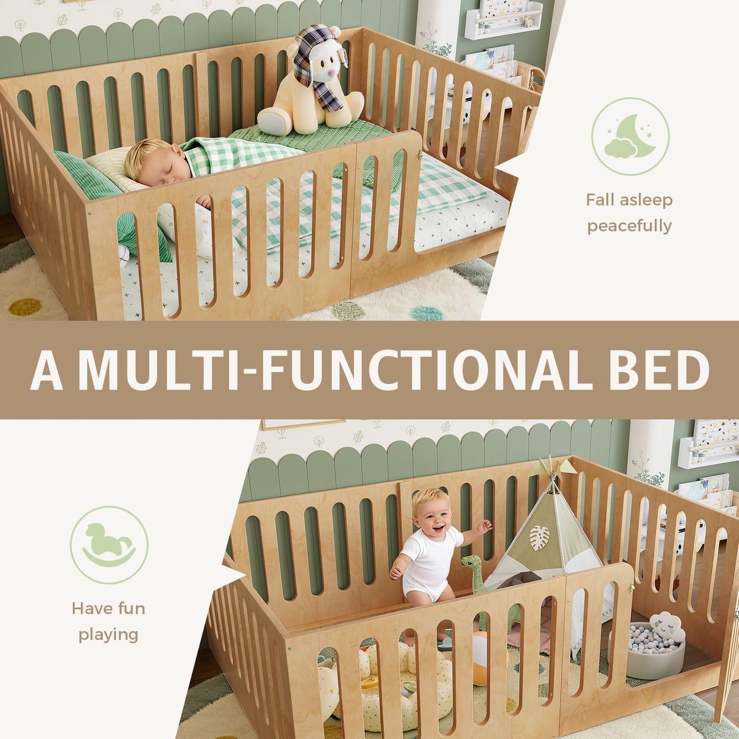 GDFStudio Full Size Montessori Floor Bed with Door, Solid Wood Kids Floor Bed Frame, Low Profile No Box Spring Needed, House Style Design, Sturdy Slats Support, Natural Finish, Easy Assembly