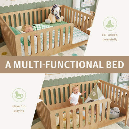 GDFStudio Full Size Montessori Floor Bed with Door, Solid Wood Kids Floor Bed Frame, Low Profile No Box Spring Needed, House Style Design, Sturdy Slats Support, Natural Finish, Easy Assembly