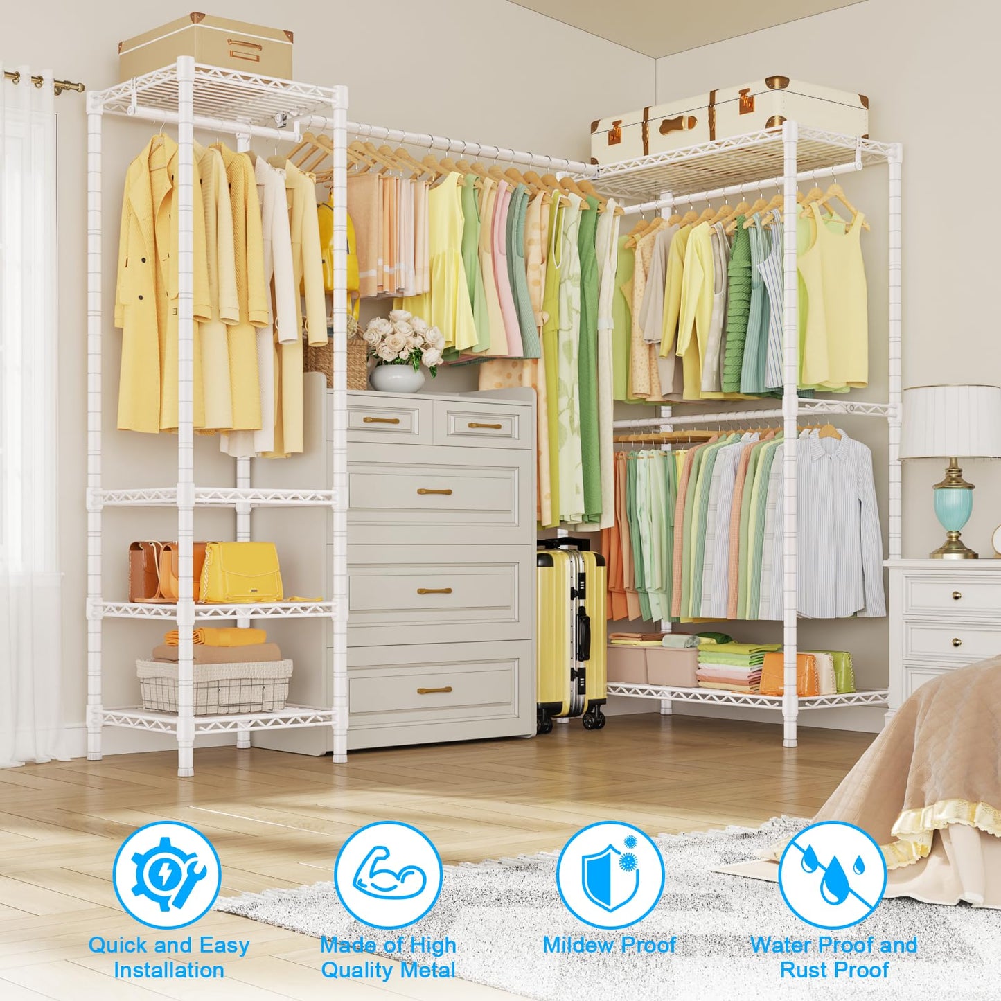 ULIFHOME E10L L-Shaped Clothes Rack for Corner（With Expandable Hanger Rod）Heavy Duty Freestanding Clothing Racks for Hanging Clothes，Portable Garment Rack 58-82"W x 30"D x 72"H，Max Load 900LBS, White
