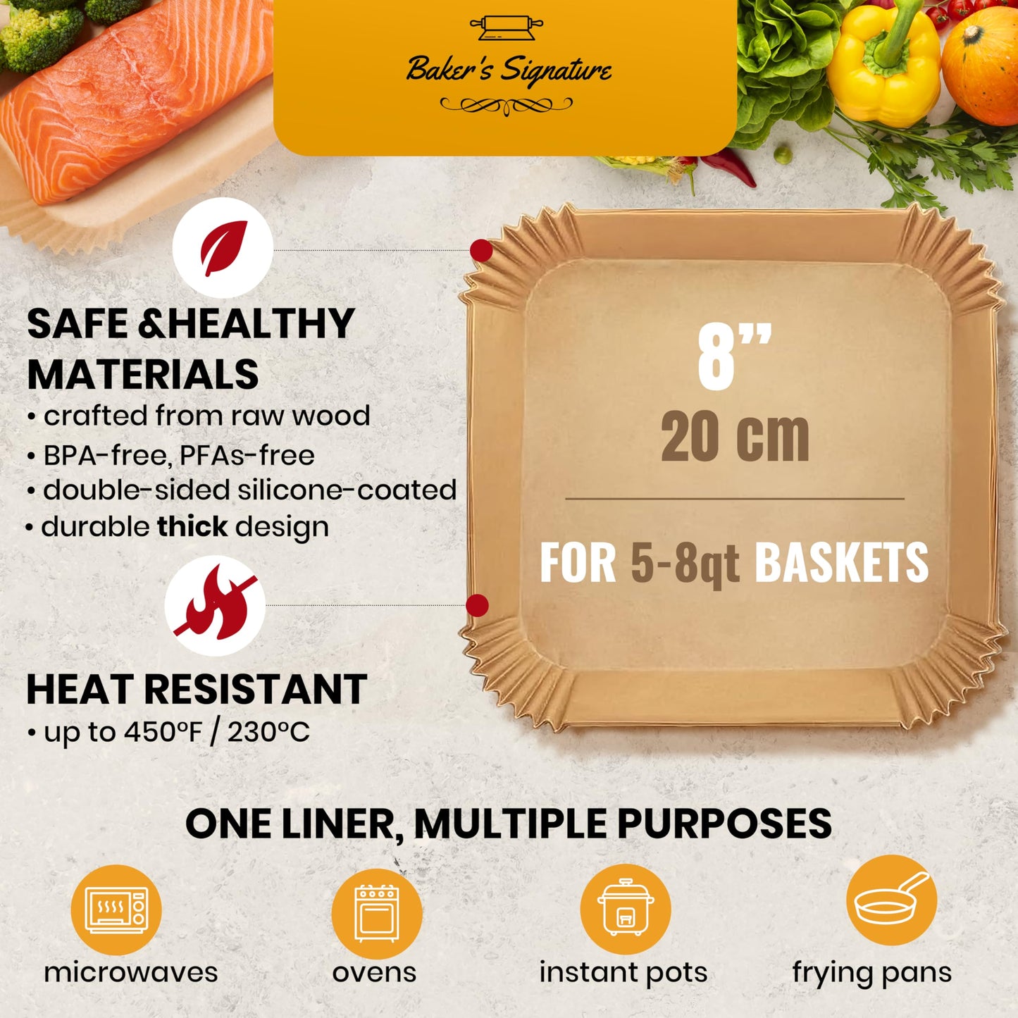 Air Fryer Paper Liners, 125Pcs Air Fryer Disposable Liners, Non-Stick and Oil Proof for Easy Cleanup, 8” Square for 5-8 qt Basket by Baker's Signature