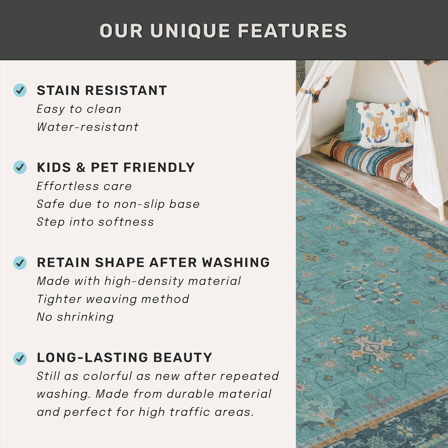 Skiennix 2x3 Washable Teal Rug - Waterproof, Non-Slip, Stain & Fade Resistant for Entryway & Kitchen