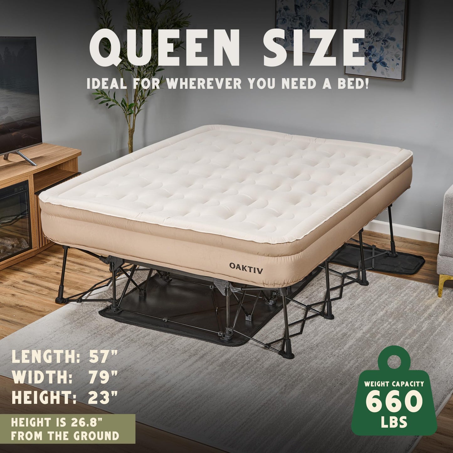 Oaktiv Queen Air Mattress with Frame, Self Inflating/Deflating Bed for Adults - PeakRest Blow Up Bed, Camping Cot with Mattress - Portable with Travel Rolling Case on Wheels