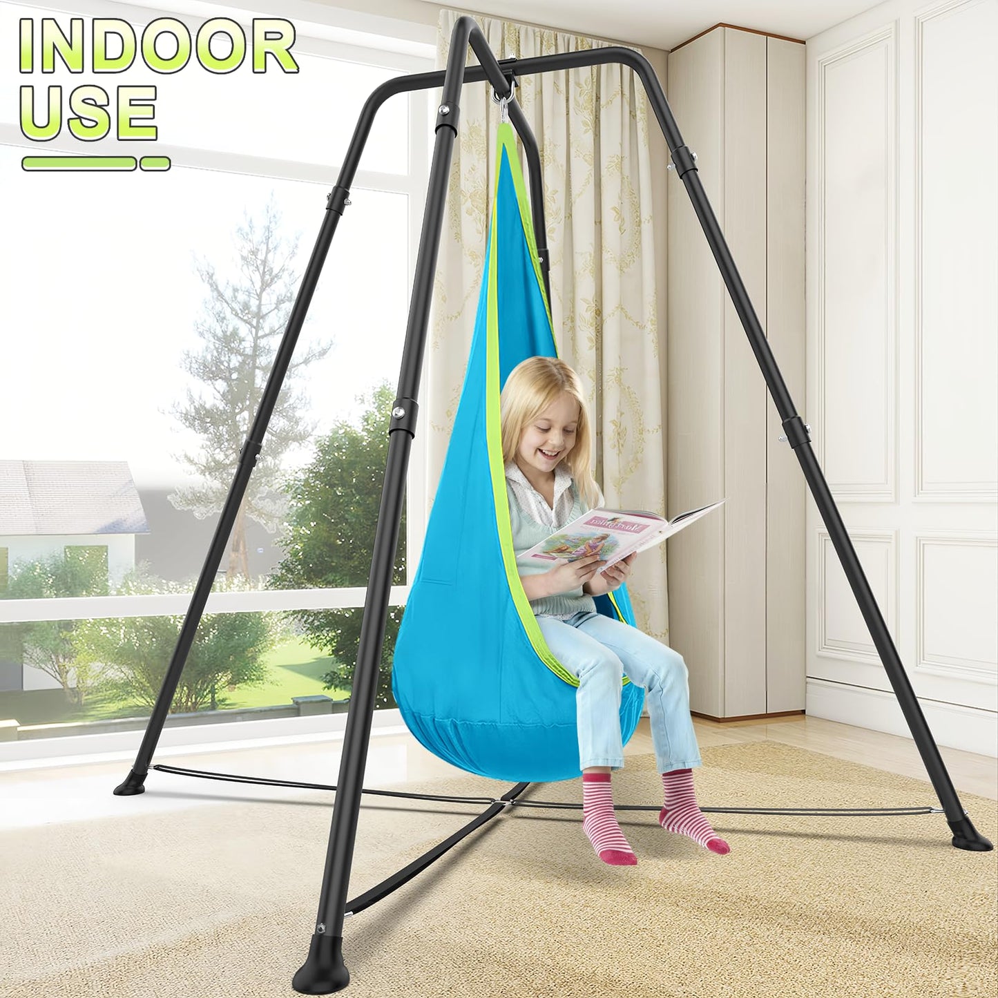 Swing Stand Frame with Sensory Swing Pod Chair, X-Shaped Swing Set, Metal Hammock Chair Stand for Adults Indoor and Outdoor 330LBS (Auqa)