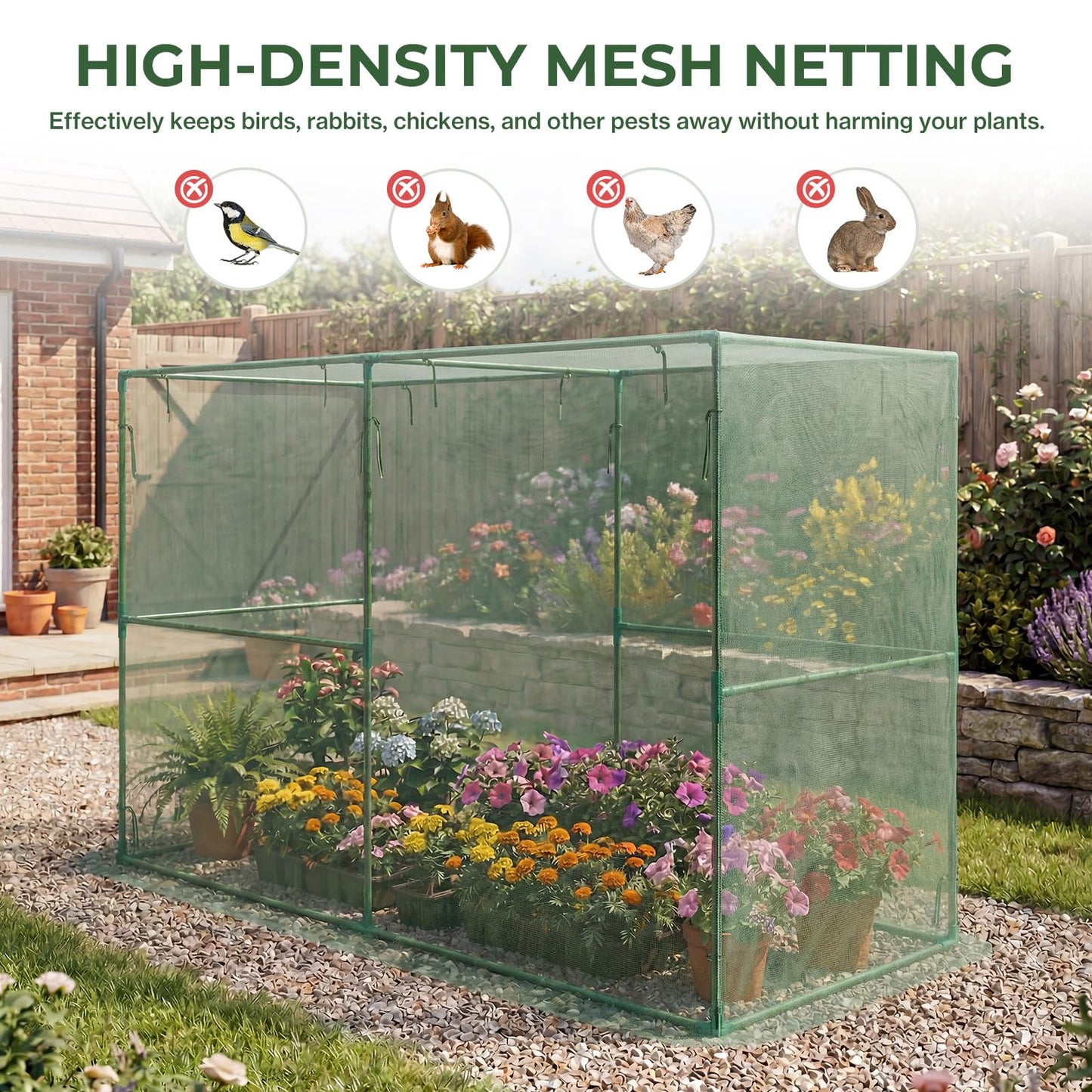 Aoodor 8x4x6 FT Crop Cage, Plant Protection Tent with Heavy Duty Steel Frame and Zippered Doors, Green Netting Cover for Garden, Lawn, Yard