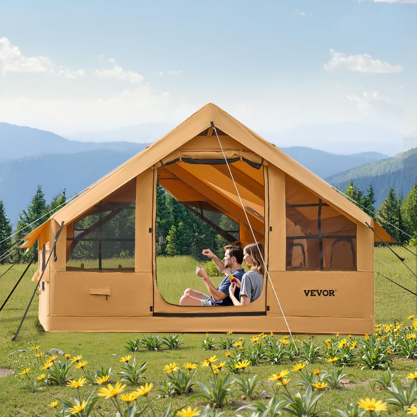 VEVOR Inflatable Tents for Camping, 5-8 Person Easy Setup Blow up Tent with Hand Pump, Luxury Glamping Tent with 2 Skylights, Canopy, Stove Jack 2 Doors & Mesh Windows (Storage Bag Included)