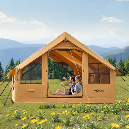 VEVOR Inflatable Tents for Camping, 5-8 Person Easy Setup Blow up Tent with Hand Pump, Luxury Glamping Tent with 2 Skylights, Canopy, Stove Jack 2 Doors & Mesh Windows (Storage Bag Included)