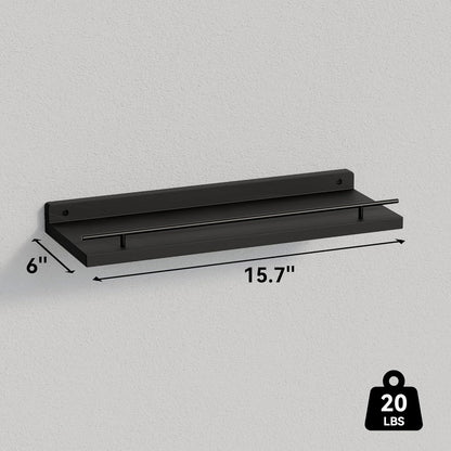 WOPITUES Floating Wall Shelves - Set of 3 with Black Metal Guardrail for Bedroom, Bathroom, Kitchen, Living Room Decor