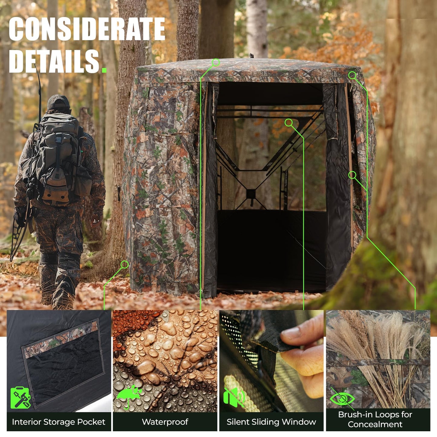 HUNTSEN 3-4 Person Hunting Blind - 270 Degree See Through Deer Blind with Magnetic Full Open Door - Pop Up Ground Blinds - Portable Resilient Hunting Tent for Deer & Turkey