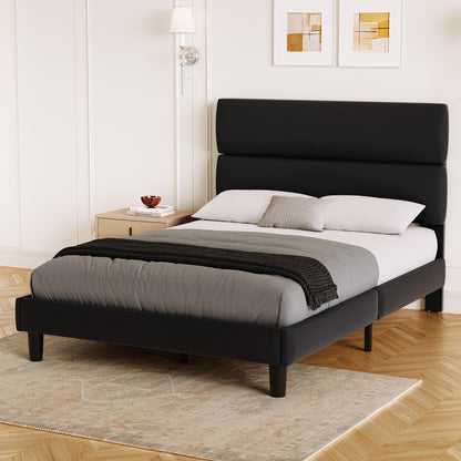 GRUSIGN Full Size Platform Bed Frame with Velvet Headboard, Adjustable Height Wooden Slats Support, Upholstered Mattress Foundation, Fits Mattress or Mattress with Box Spring, Easy Assembly, Black