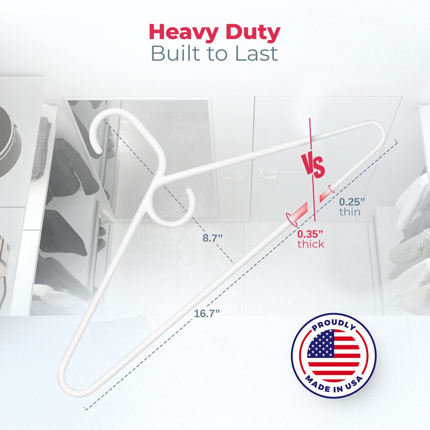 Made in USA Heavy Duty Clothes Hangers Bulk - 20, 30, 50, 100 Pack Available - Strong Plastic Hangers for Jackets, Coats, Closet and Clothing (18pk White)