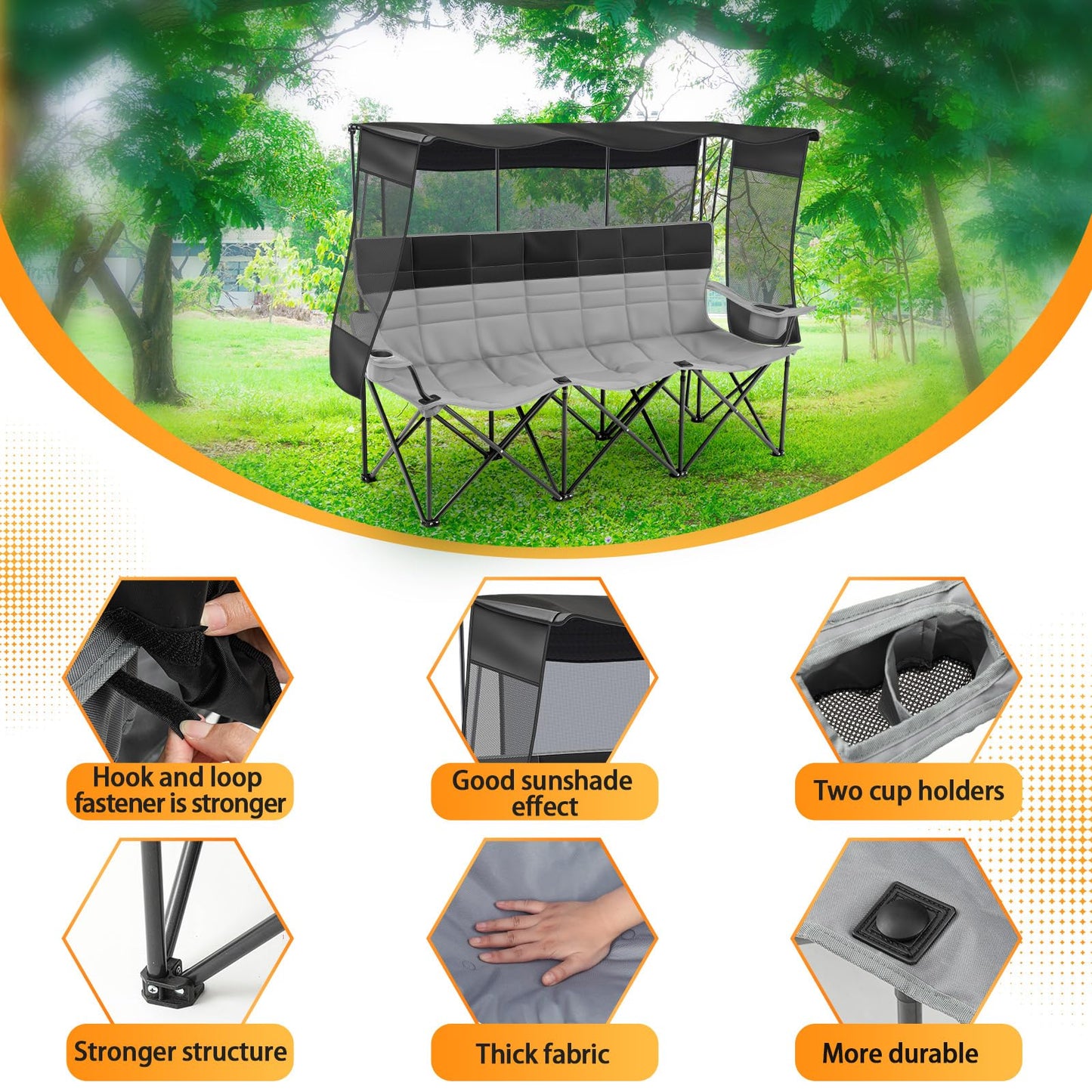 Teenyyou 3 Person Camping Chair with Canopy Shade -Oversized Beach Chair with UV Sun Protection, 700lbs Heavy Duty Foldable Loveseat with 2 Cup Holder & Storage for Beach Lawn Outdoor(Black and Grey)