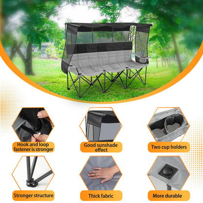 Teenyyou 3 Person Camping Chair with Canopy Shade -Oversized Beach Chair with UV Sun Protection, 700lbs Heavy Duty Foldable Loveseat with 2 Cup Holder & Storage for Beach Lawn Outdoor(Black and Grey)