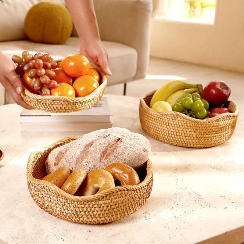 Rattan Woven Fruit Basket, Natural Round Bread Basket, Decorative Fruit Bowl for Kitchen Counter, Kitchen Storage Baskets for Vegetables, Eggs,Snacks