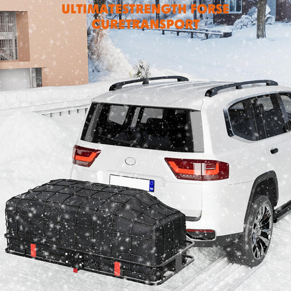 Garvee Folding Hitch Mount Cargo Carrier Basket 60" x 20" x 6", Hauling Weight Capacity of 500 Lbs with Folding Arm, Hitch Stabilizer, Cargo Net and Ratchet Straps