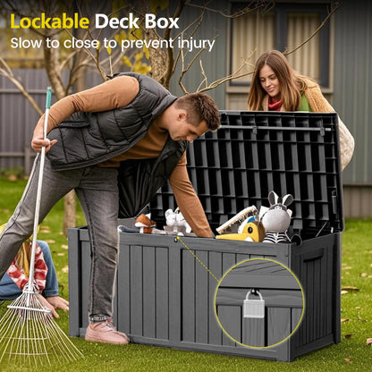 Zapdos Outdoor Storage Box, 120 Gallon Deck Box with Stainless Steel Rods, Waterproof Large Resin Storage Bin for Patio Cushions Garden Tools, Lockable Outside Storage Box, Black