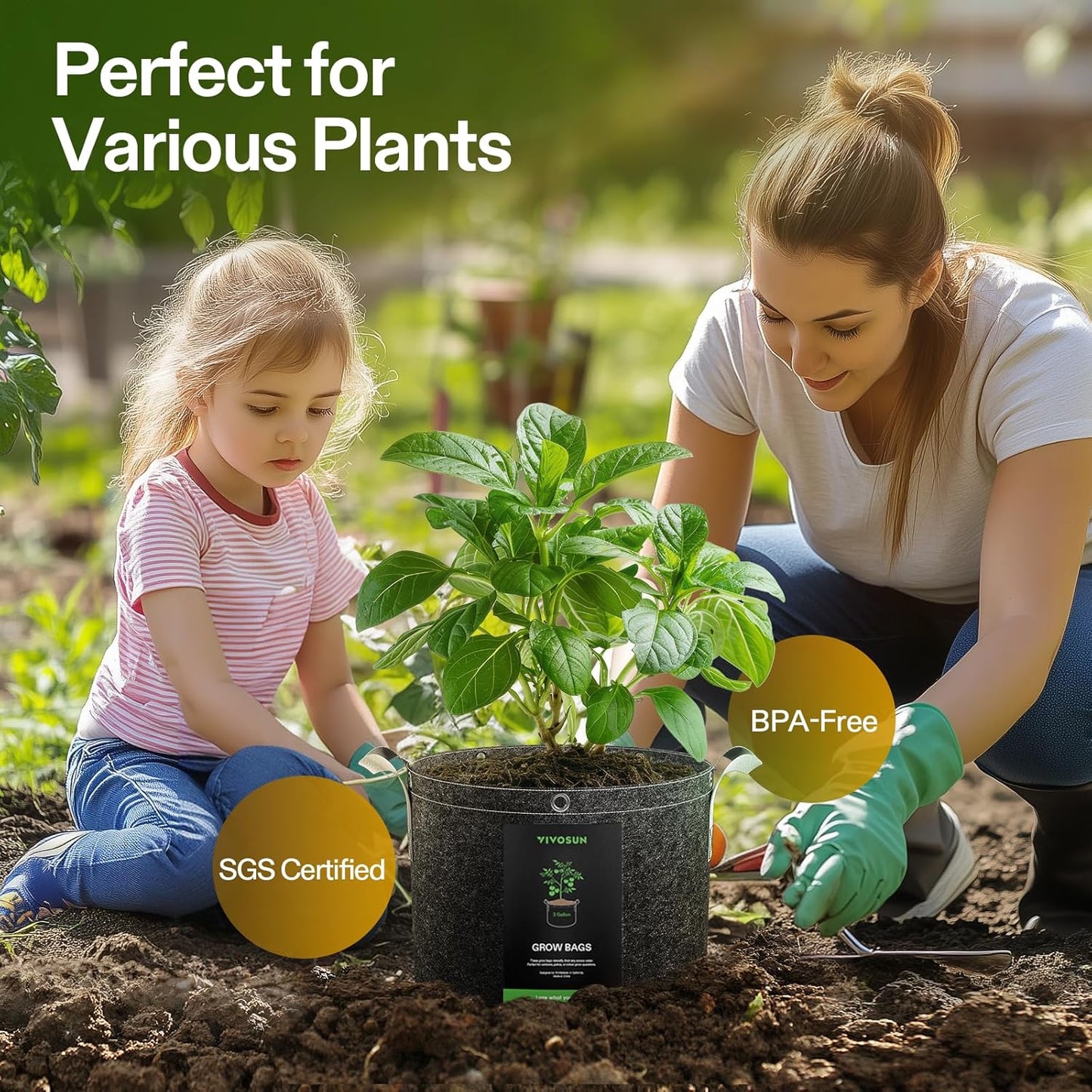 VIVOSUN 5-Pack 5 Gallon Grow Bags - Durable 500G Nonwoven Fabric Pots with Strap Handles for Plant Training