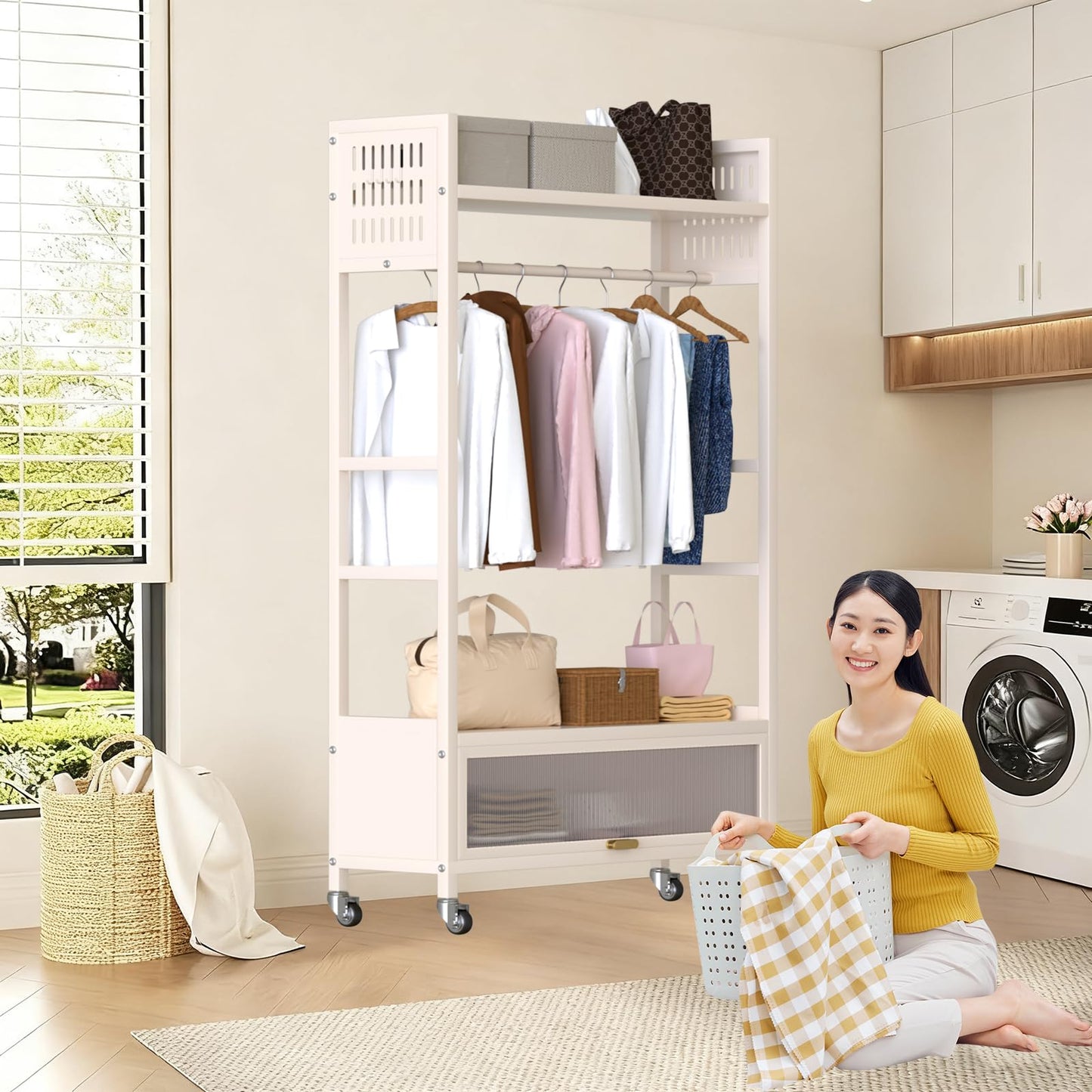 Freestanding Garment Rack, Portable Clothing Rack with Wheels and 4 Hooks, Rolling Organizer for Hanging Clothes and Storage, Wardrobe Shelves for Bedroom Living Room Home (Milky white, 100CM)