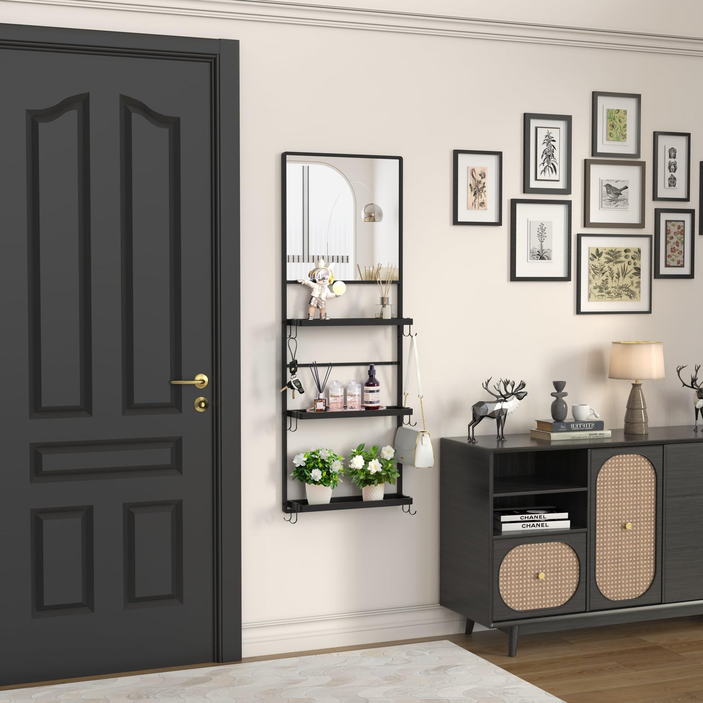 WONSTART 45" X 16" Black Wall Mirror with Shelf and Hooks, Rectangle Mirror for Wall, 3 Trays and 12 Removable Hooks,for Living Room, Hallway, Bedroom (Black-Square)