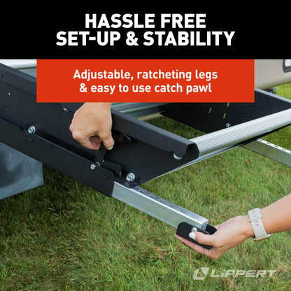 Lippert Solid Step 4.0 Premium Triple RV Camper Entry Steps with Lift Assist Gas Struts, 26" Step Width, XL Top Tread, 8" Rise, 500-lb. Weight Capacity, Adjustable Legs, Recessed Feet - 2024056998