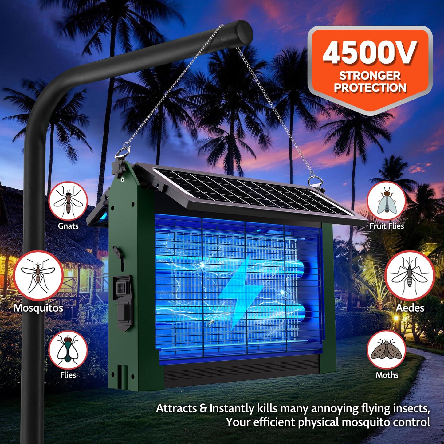 Solar Bug Zapper Outdoor, Dual Solar Panels, 4500V Waterproof Portable Mosquito Zappers, Cordless Fly Trap w/Auto Mode, Rechargeable Mosquitoes Insect Killer for Patio Yard Camping Garage(Green)