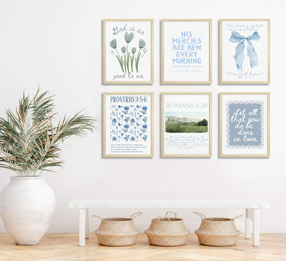 Skiennix Blue Christian Canvas Wall Art - Set of 6 Inspirational Bible Verse Prints for Girls' Room Decor