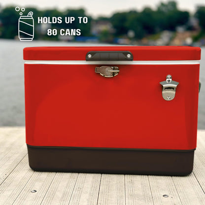 FSE Hard-Sided 54 Qt Metal Cooler, 80 Can Vintage Ice Chest, Durable Two-Tone Design with Latch Lid, Built-in Bottle Opener, Plastic Liner & Side Handles, Red/Black