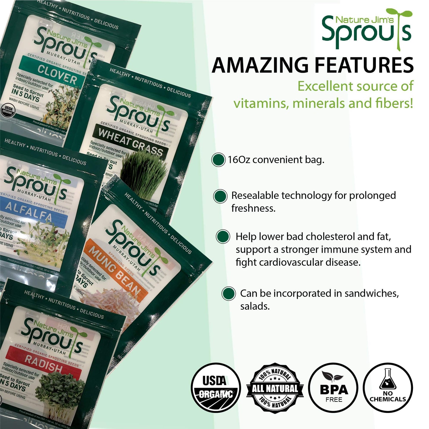 Nature Jims Sprouts alfalfa Seeds – 16 Oz Organic Sprouting Seeds – Non-GMO Premium Alfalfa Seeds – Resealable Bag for Longer Freshness – Rich in Vitamins, Minerals, Fiber
