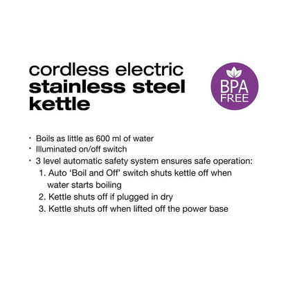 Salton Cordless Electric Stainless Steel Kettle, Water Boiler and Tea Heater, 1.7 Liter/Quart with Automatic Shut-Off and Boil-Dry Protection, Water Level Window, 1500 Watts (JK1903)