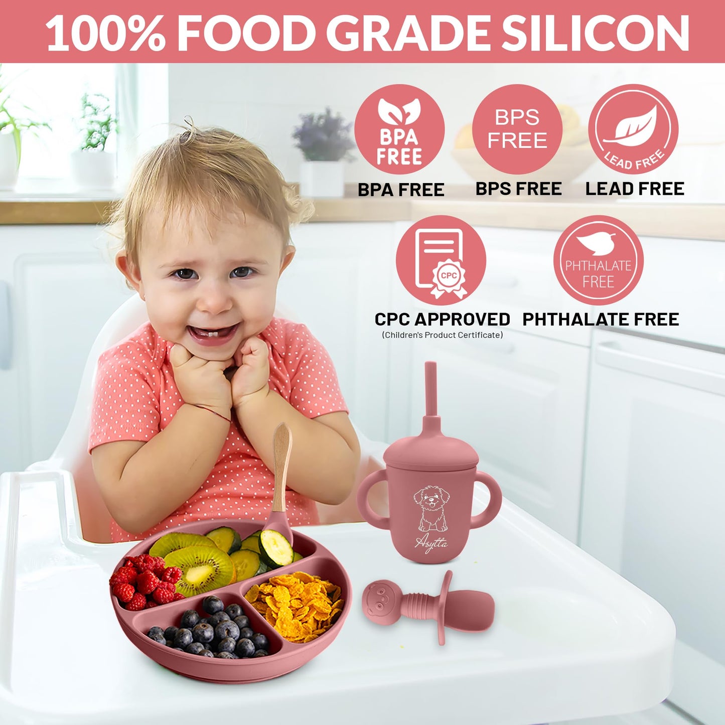 ASYTTA Silicone Baby Feeding Set – 6 Piece BPA-Free Baby Led Weaning Supplies – Toddler Eating Essentials with Baby Bib, Suction Plate, Suction Bowl, Sippy Cup, Forks, & Utensils | 6+ Months (Pink)