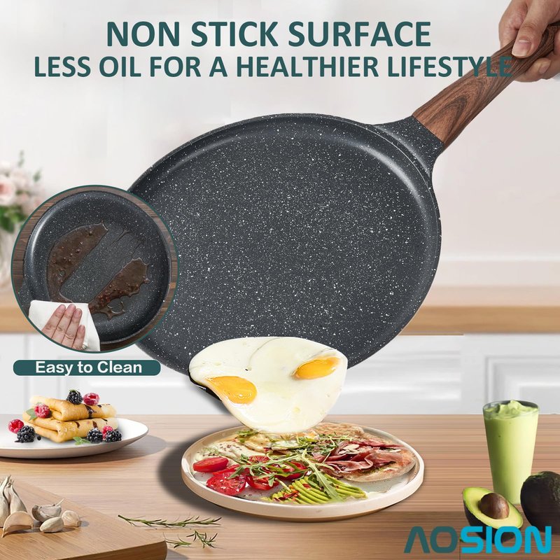 AOSION Nonstick Crepe Pan 9.5 inch,Ceramic Crepe Pan,Dosa Tawa Pan, Ceramic Coated PFOA-Free, Ergonomic Handle, With Pancake Tools, Forged Aluminum Induction Safe
