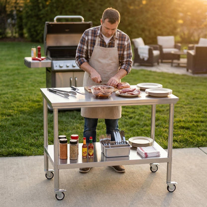 FITHOW Stainless Steel Pulley Workbench with Casters, 20 * 40 inches Commercial Heavy-Duty Workbench and Prep Table with Lower Shelf, Suitable for Restaurant Kitchens, Outdoor barbecues and garages